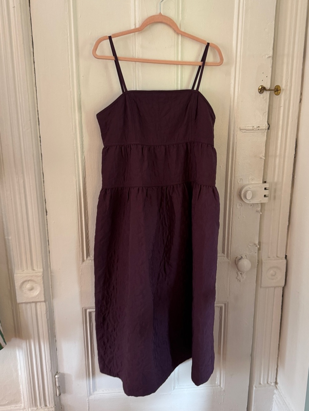 Madewell plum spaghetti strap midi tiered quilted dress